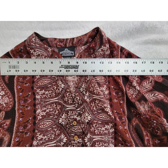 Angie Womens Boho Paisley Floral Semi-Sheer Blouse Small Brown Red Hi-Low Hem - Picture 5 of 7